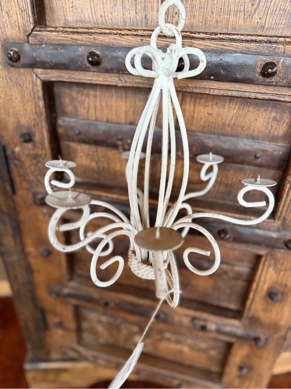 White Vintage-Style Metal Hanging Candle Chandelier - Picture 2 of 5